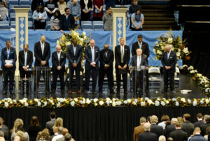 Pastor Robert Seymour delivers the benediction following the celebration of the extraordinary life of Coach Dean E. Smith at the University of North Carolina at Chapel Hill Sunday (Feb.22)