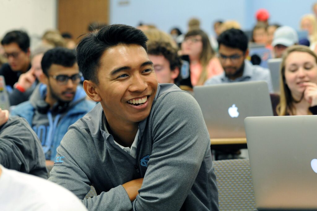 A student in the Triple-I course, “Health and Happiness,” piloted in spring 2019. Each Triple-I course brings together three outstanding professors from different departments across the university so that students can study a common theme from several perspectives. Triple-I is part of the First Year Foundations requirement of the new IDEAs in Action curriculum. (photo by Donn Young)