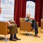 From left: Cal Cunningham ’96 ’99 (Law), Sen. Thom Tillis (R-N.C.) and moderator and Program for Public Discourse faculty director Sarah Treul, a Bowman and Gordon Gray Distinguished Term Professor of Political Science, during the Abbey Speaker Series event on Nov. 10. (Cammel Hurse)