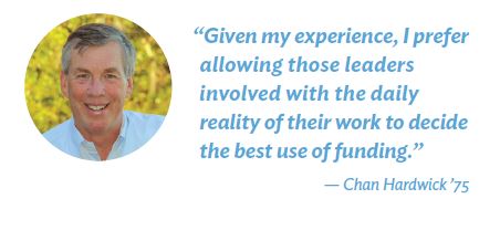 “Given my experience, I prefer
allowing those leaders involved with the daily reality of their work to decide the best use of funding.”
— Chan Hardwick ’75