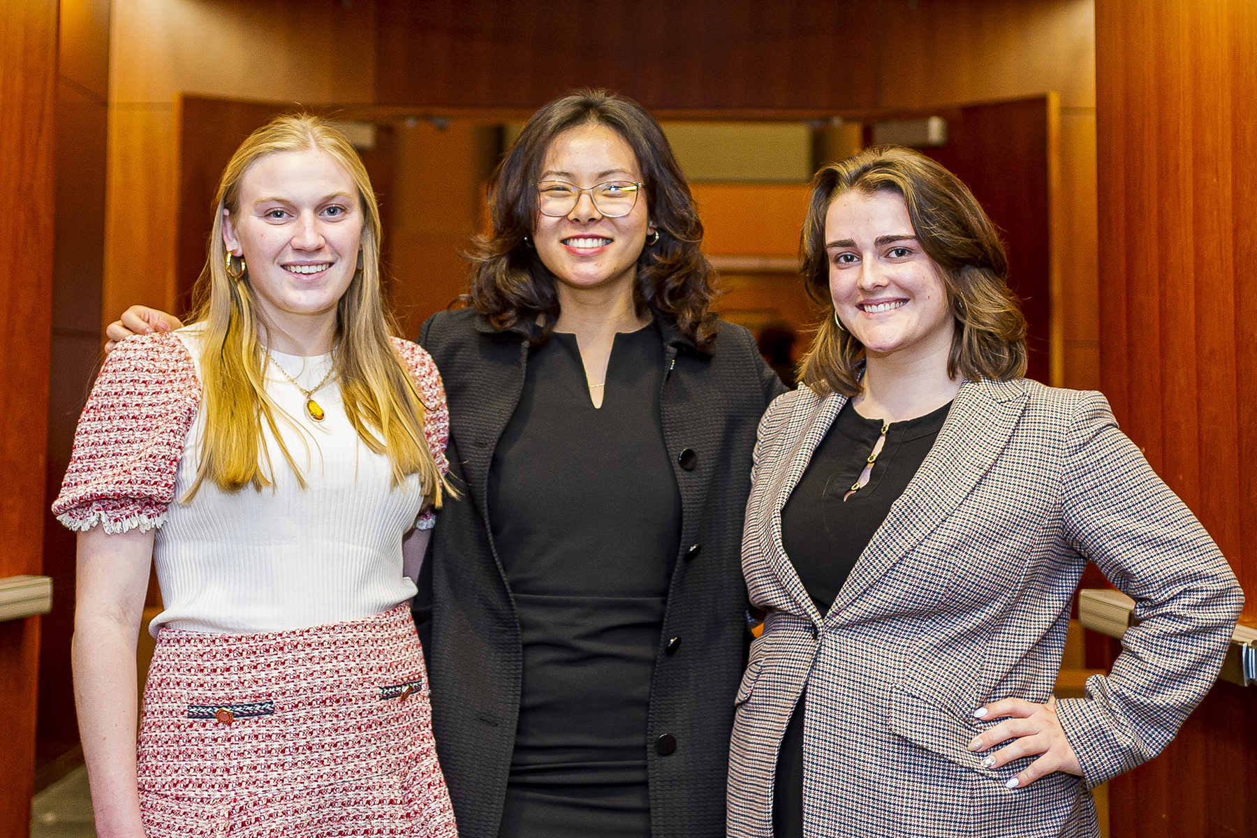 Three of the 2022-2023 Agora Fellows who attended the Abbey Speaker Series event, “A Conversation with Cal Cunningham and Thom Tillis,” (from left to right): Sarah Crow, Willow Yang and Maddux Vernon