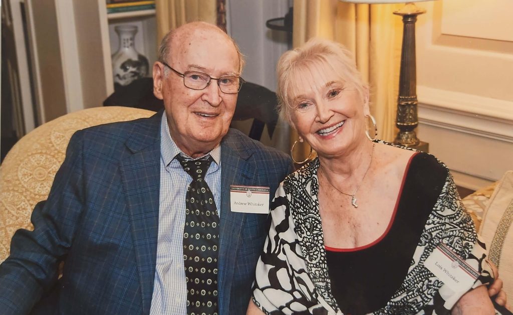 Lois Lovelace Duke (right) at a 2018 reception at the president’s house, University of South Carolina.