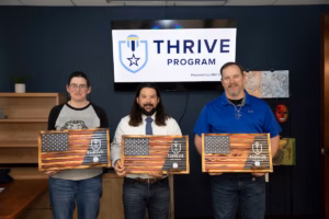 From left, Leah Bartlett, Matthew Colón and Ted Marriner take part in activities during the first cohort of the THRIVE Program’s intensive outpatient program (photo by Jeyhoun Allebauh/UNC-Chapel Hill).