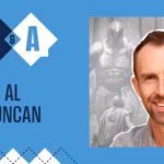 Al Duncan headshot in front of image from the Odyssey film of Odysseus with his back turned facing an armored giant.